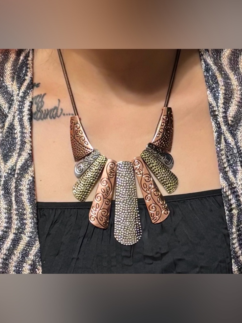 Statement Multitone Metal Bib Necklace with Matching earrings